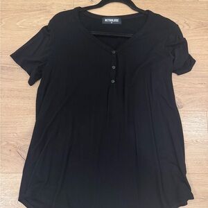 RetroLuxe Women's Black V-Neck Henley Short Sleeve Top